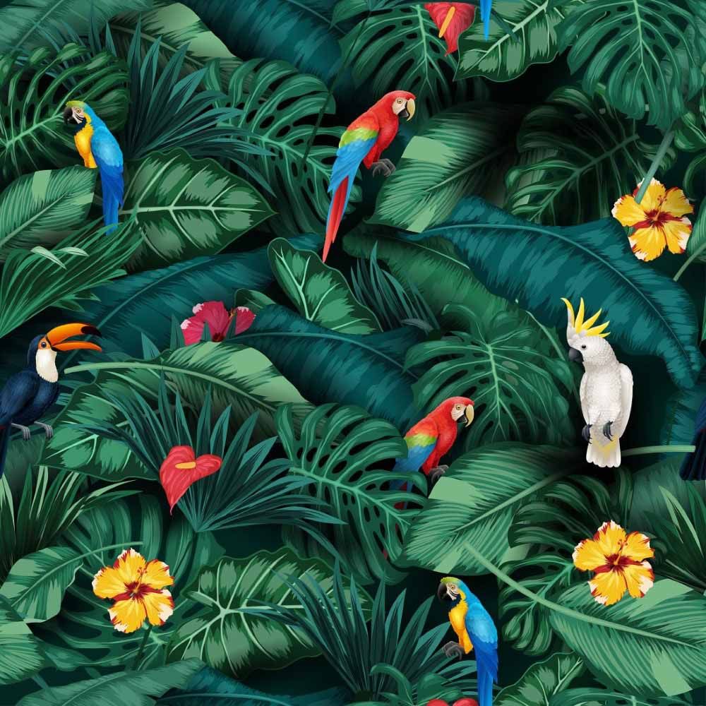 Papel de Parede Adesivo Folhas Tropicais Araras N014191