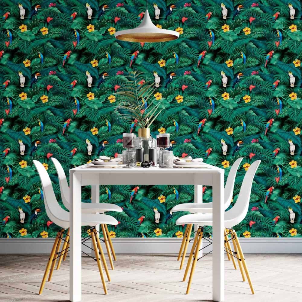 Papel de Parede Adesivo Folhas Tropicais Araras N014191