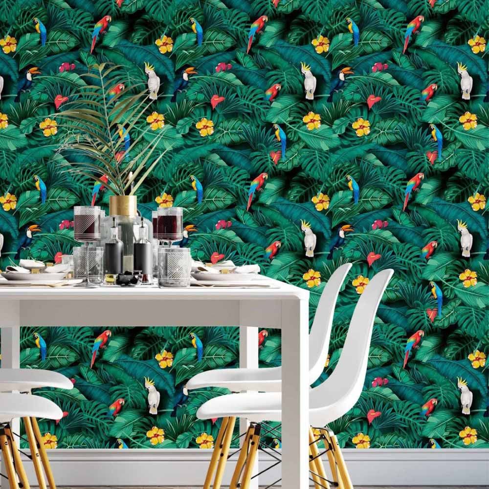 Papel de Parede Adesivo Folhas Tropicais Araras N014191