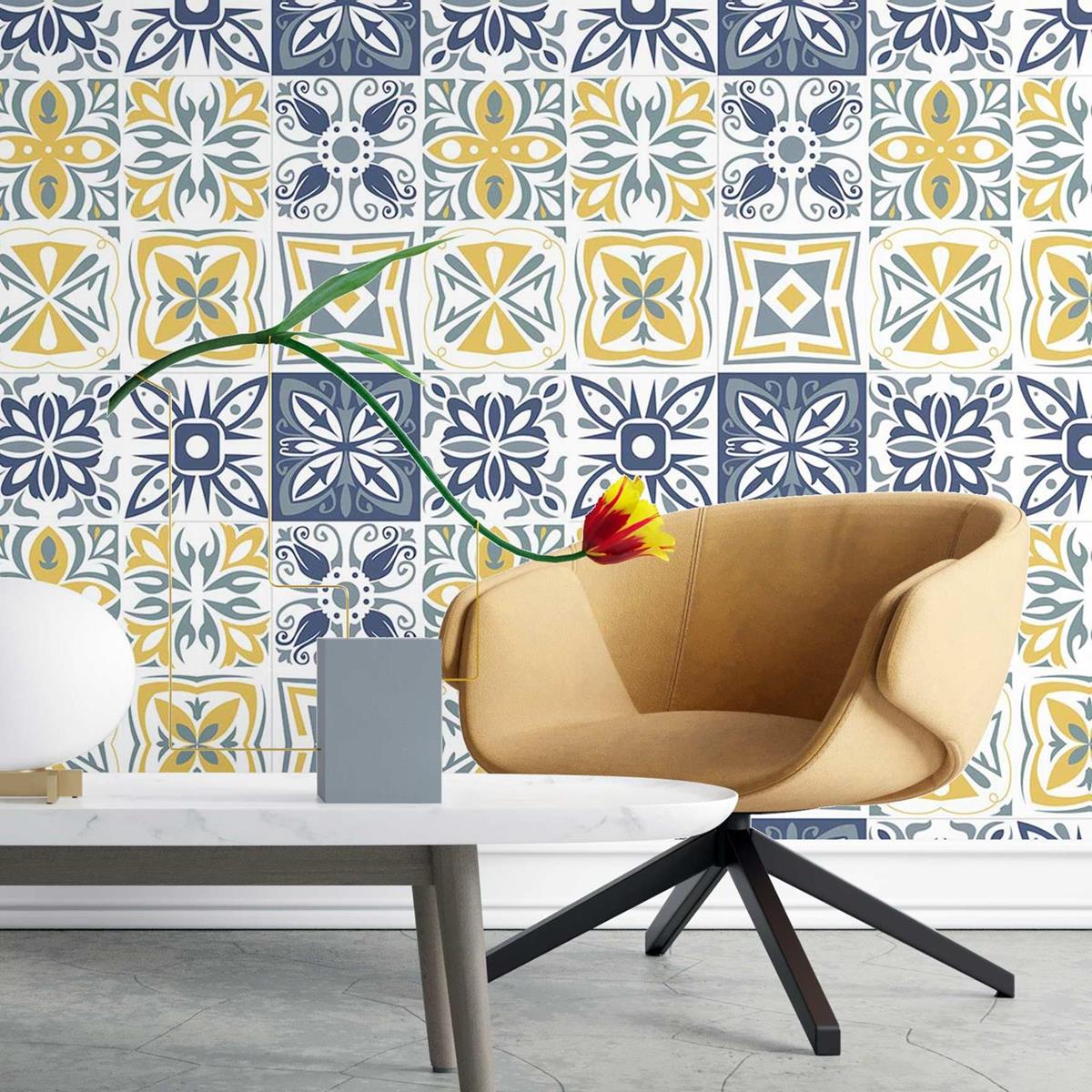 Papel de Parede Adesivo Azulejo Azul e Amarelo N03026