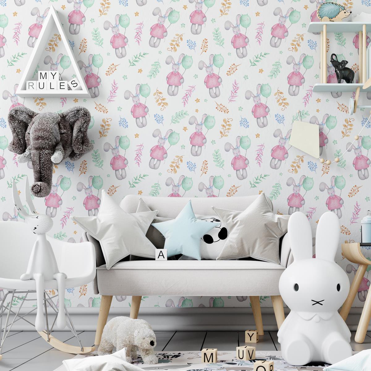 Papel de Parede Adesivo Coelhos com Balões N04051