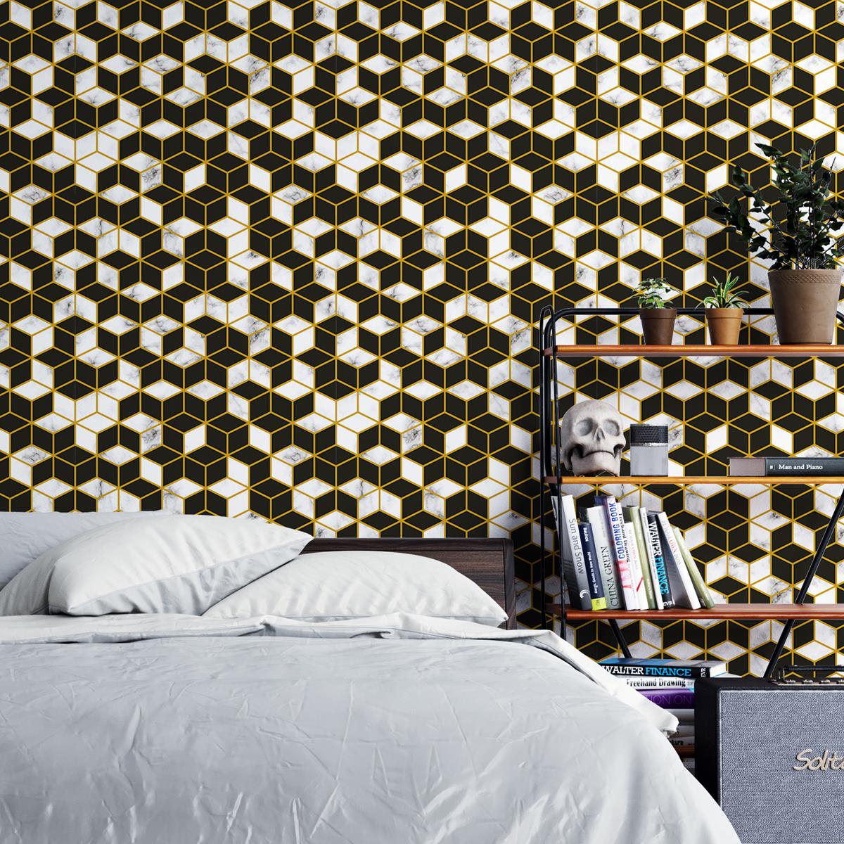 Papel de Parede Adesivo Geométrico Mármore Preto N04067