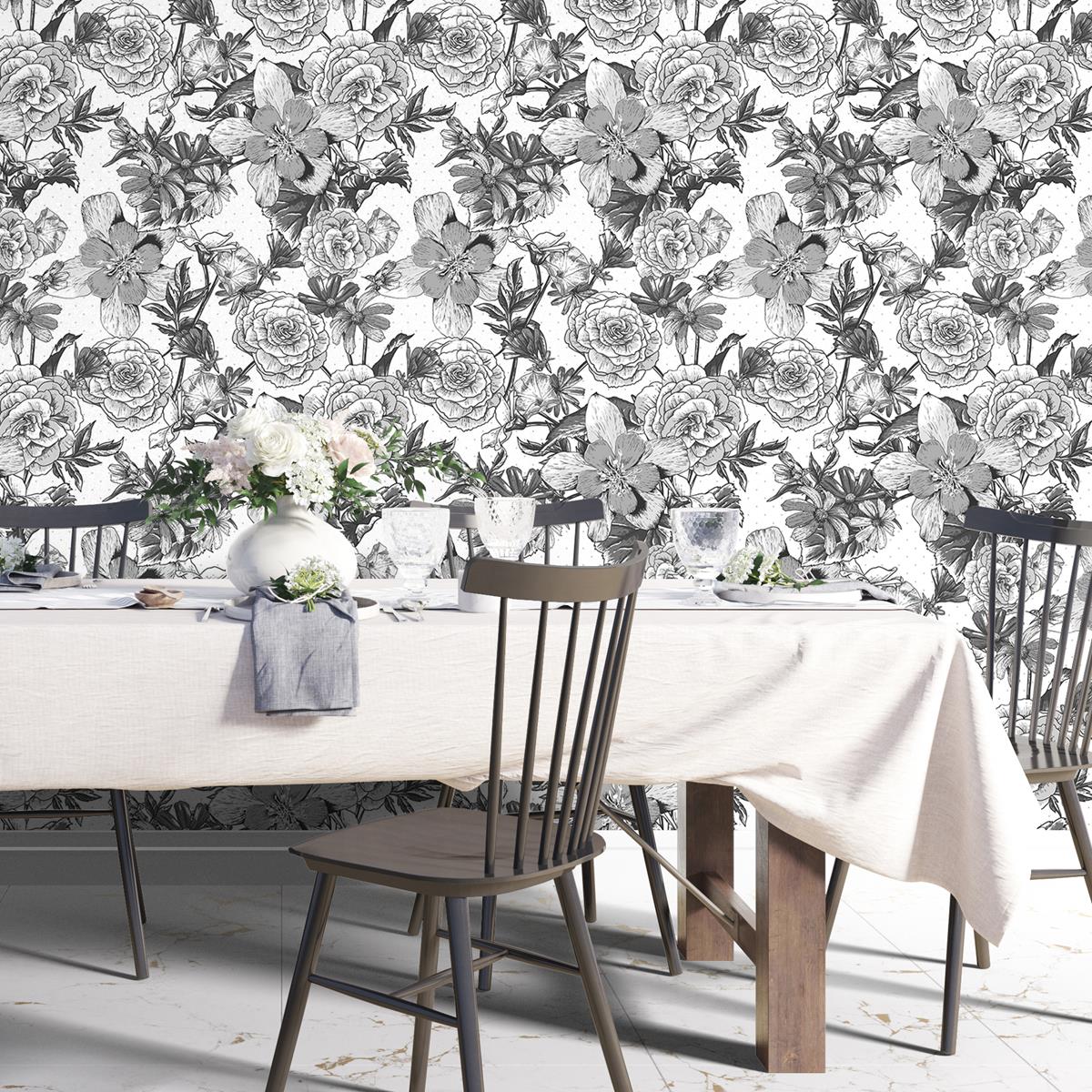 Papel de Parede Adesivo Flores Preto e Branco N04089