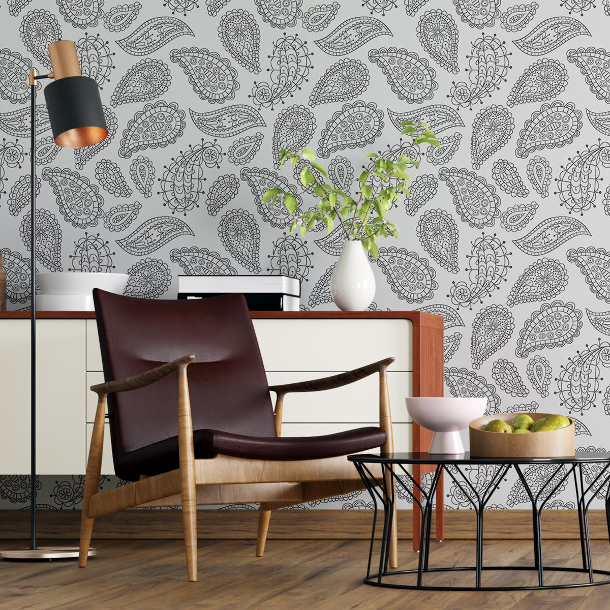 Papel de Parede Adesivo Caxemira Preto e Branco N04143