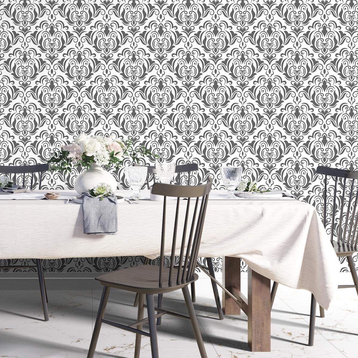 Papel de Parede Adesivo Arabesco Preto e Branco Retrô N04150