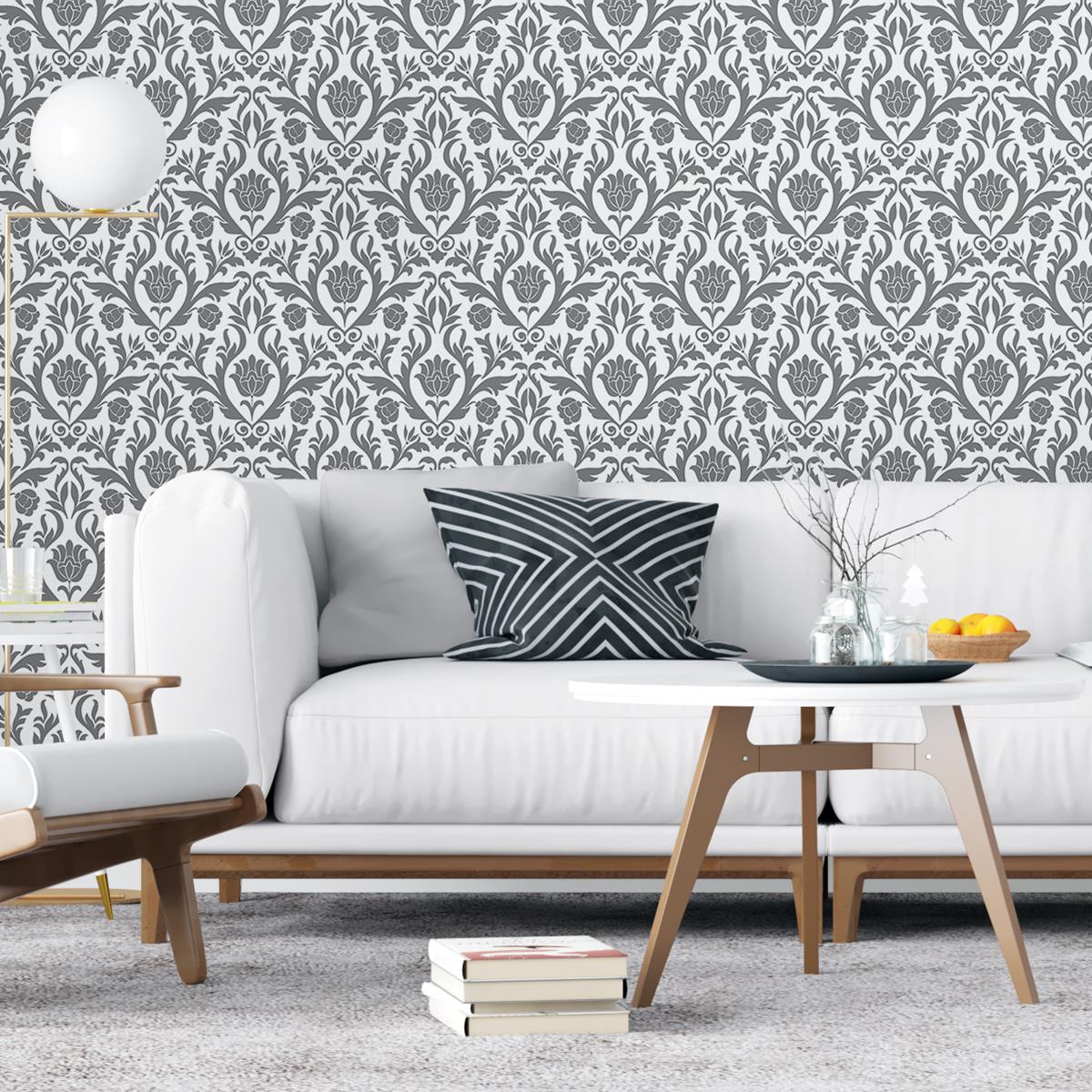 Papel de Parede Adesivo Arabesco Cinza Folha e Flor N04153