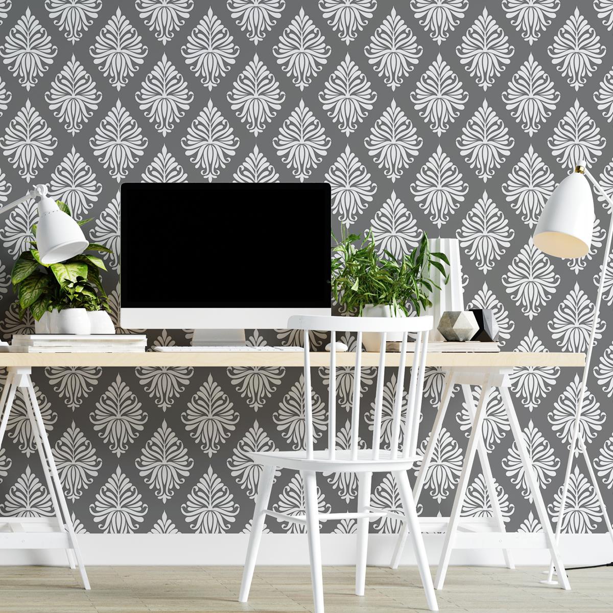 Papel de Parede Adesivo Arabesco Cinza Folhas N04156
