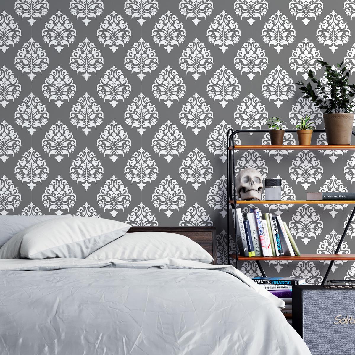 Papel de Parede Adesivo Arabesco Cinza Folhas N04157