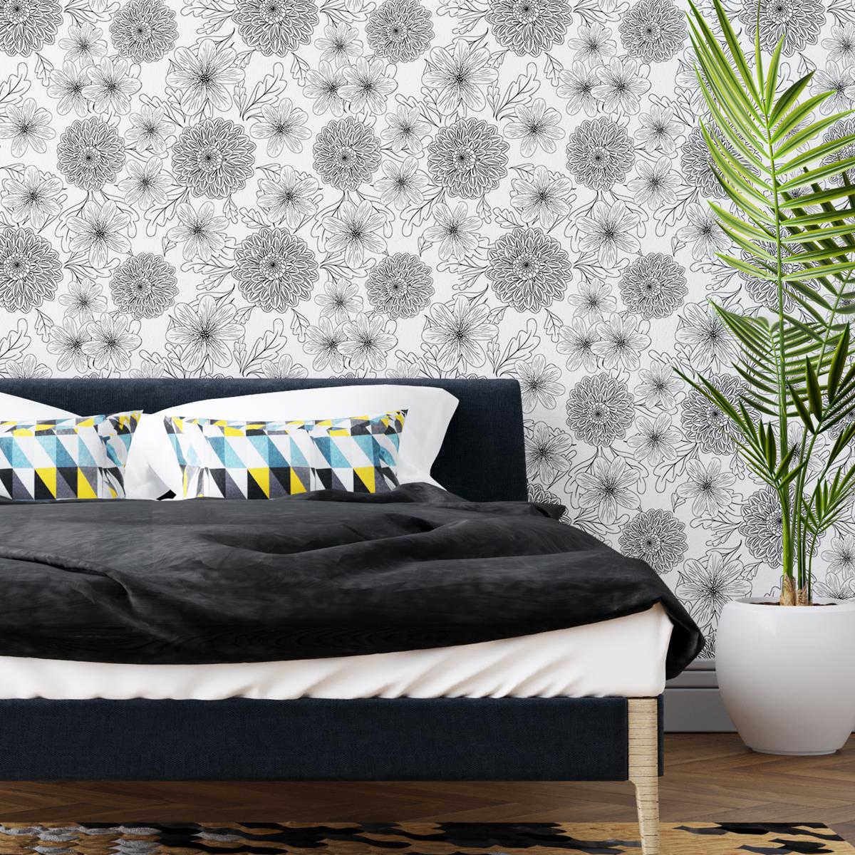 Papel de Parede Adesivo Crisântemos Preto e Branco N04164