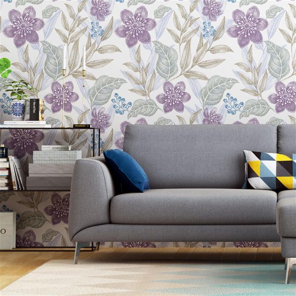 Papel de Parede Adesivo Folhagem e Flor Lilás N04180