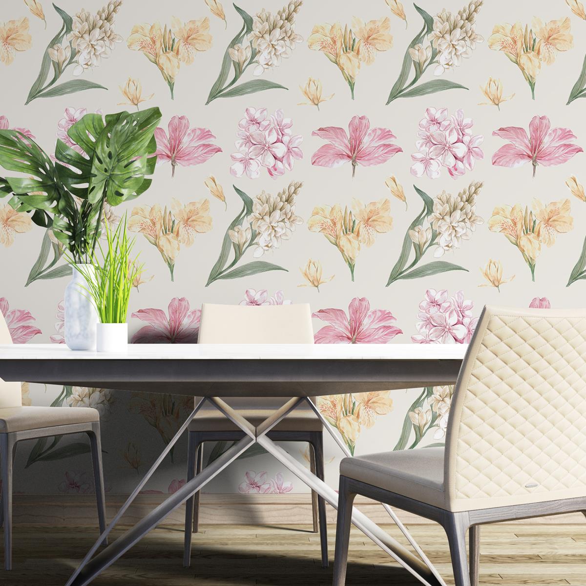 Papel de Parede Adesivo Flores Amarelo e Rosa N04246