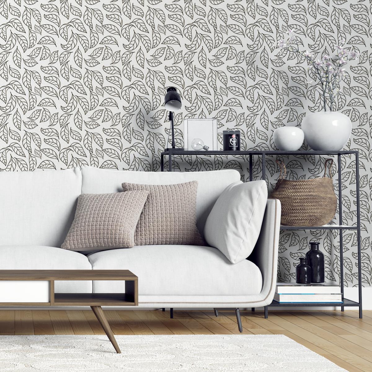 Papel de Parede Adesivo Folhas em Preto e Branco N04263