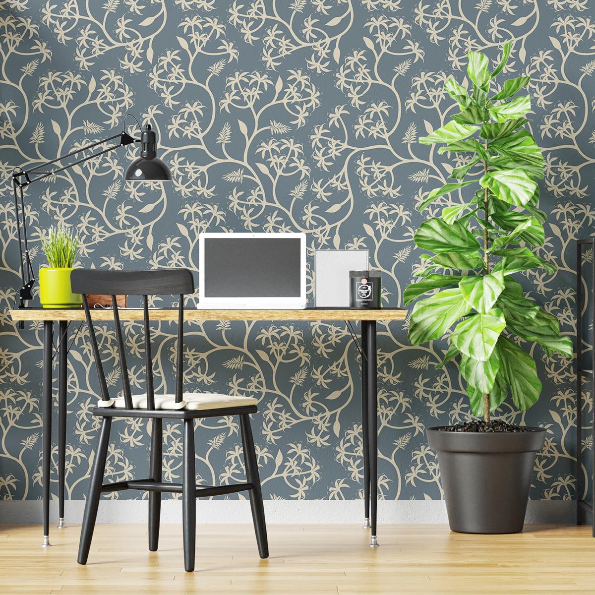 Papel de Parede Adesivo Floral Minimalista Azul e Bege N04278