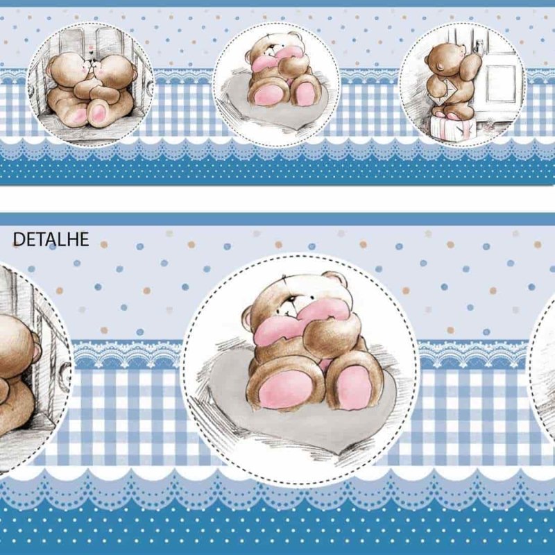 Faixa Artístico Xadrez Bolinhas Azul Ursinho Fofo Romântico Your Dream 171704 - Papel na Parede