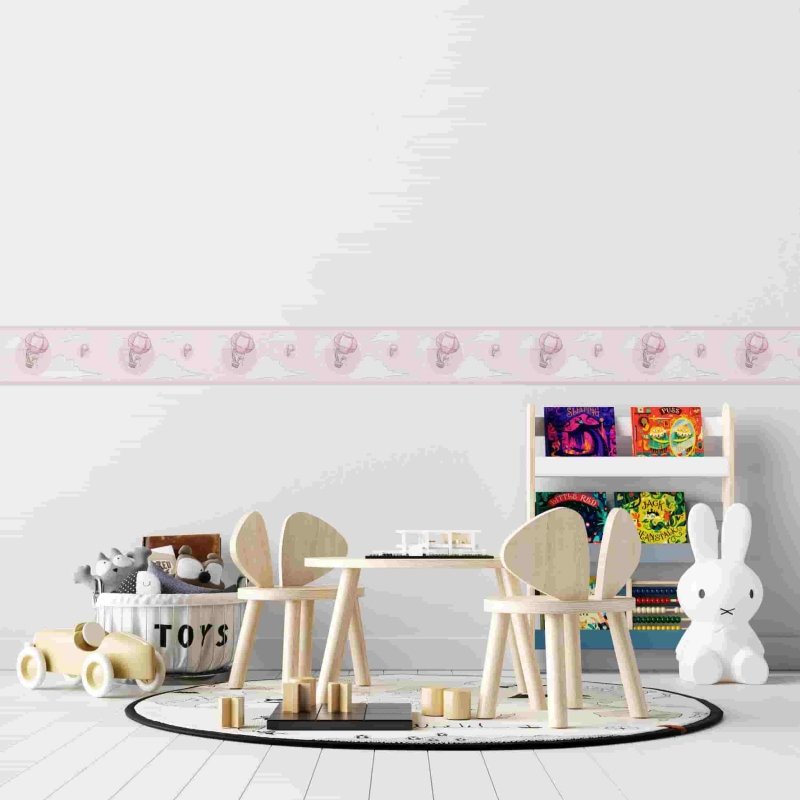 Faixa Border Adesiva Girafa e Cervo em Balão Rosa N02244 - Papel na Parede