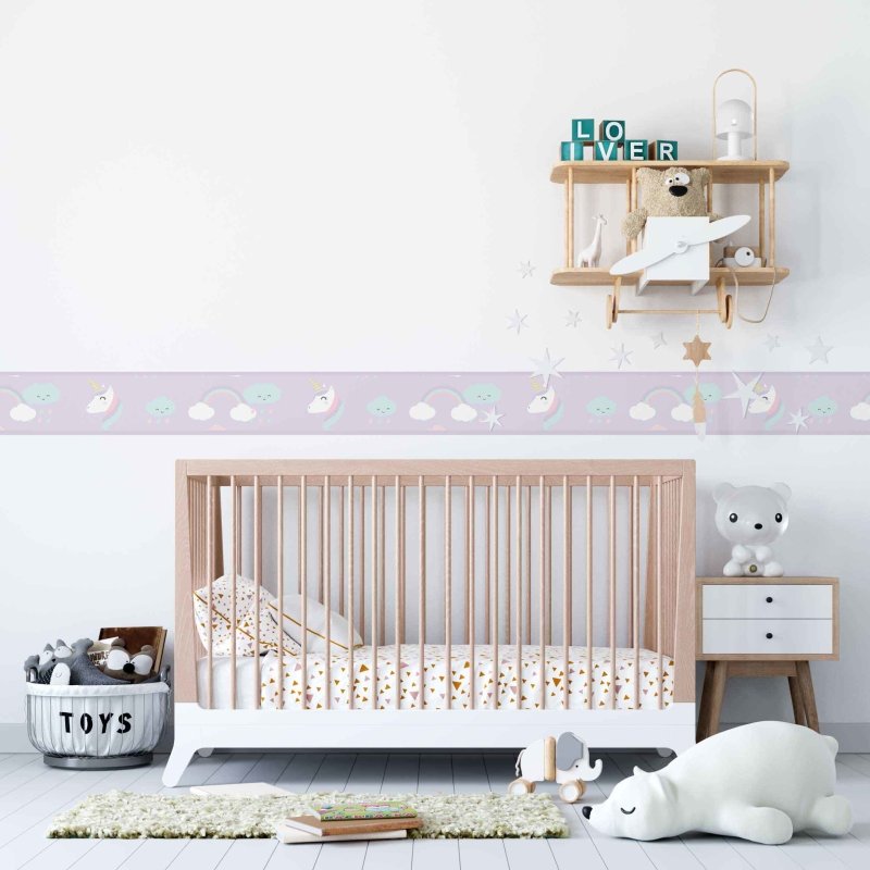 Faixa Border Adesiva Unicórnio e Arco-íris Lilás N03064 - Papel na Parede