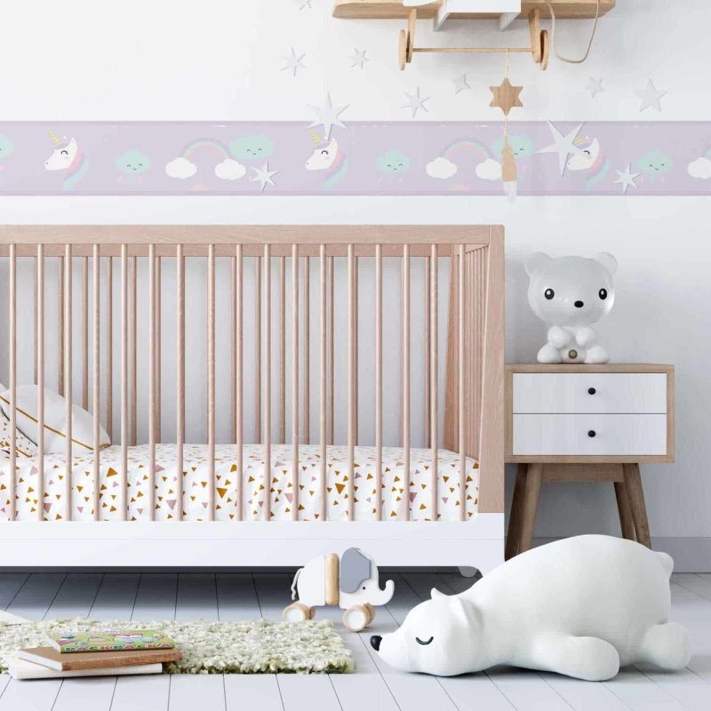 Faixa Border Adesiva Unicórnio e Arco-íris Lilás N03064 - Papel na Parede