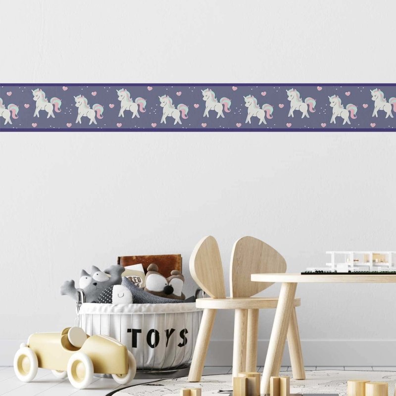 Faixa Border Adesiva Unicórnios e Corações Azul N03138 - Papel na Parede