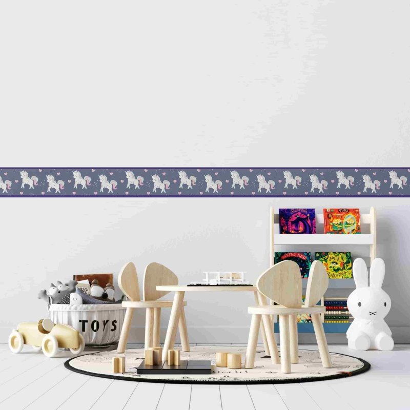 Faixa Border Adesiva Unicórnios e Corações Azul N03138 - Papel na Parede