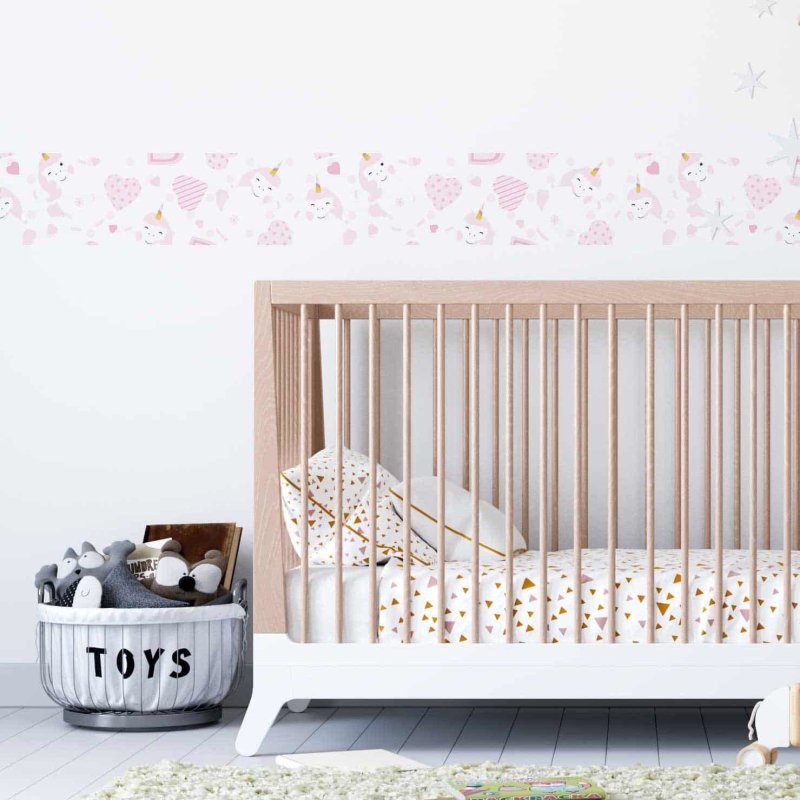 Faixa Border Adesiva Unicórnios e Corações Rosa N0310 - Papel na Parede