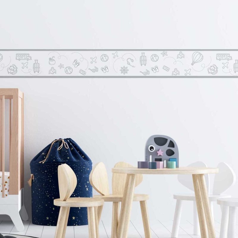 Faixa Border Adesiva Viagem em Preto e Branco N266 - Papel na Parede