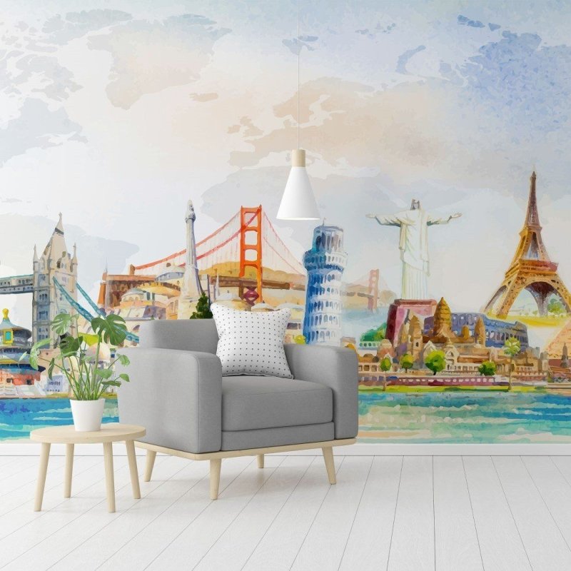 Painel Fotográfico Aquarela Volta ao Mundo N014312 - Papel na Parede