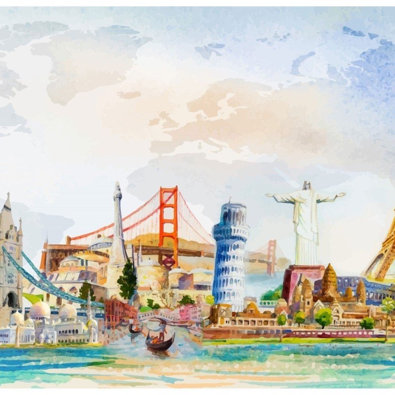 Painel Fotográfico Aquarela Volta ao Mundo N014312 - Papel na Parede