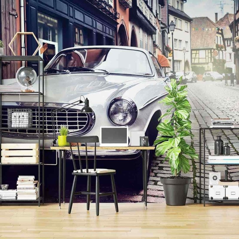 Painel Fotográfico Carro Retrô em Antiga Cidade Europeia - Papel na Parede