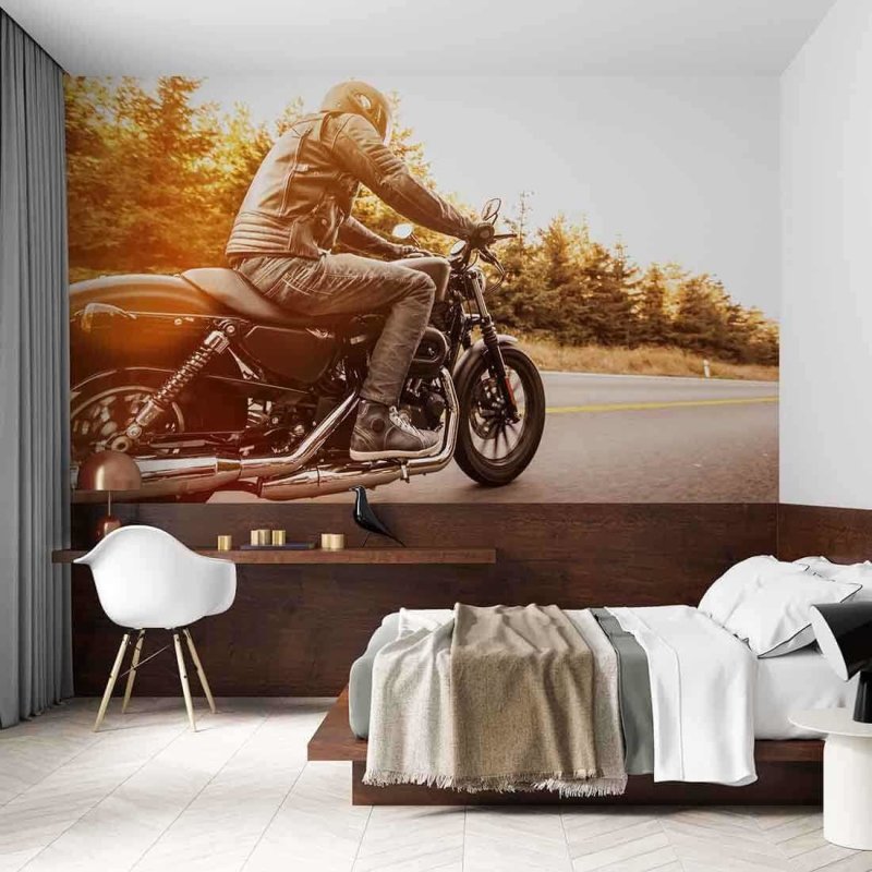 Painel Fotográfico Motociclista de Moto Custom na Estrada - Papel na Parede