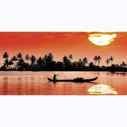 Painel Fotográfico Silhueta Barco e Pescador no Por do Sol - Papel na Parede