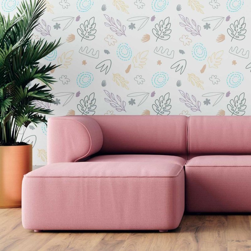 Papel de Parede Adesivo Abstrato Folhas e Círculos N09017 - Papel na Parede