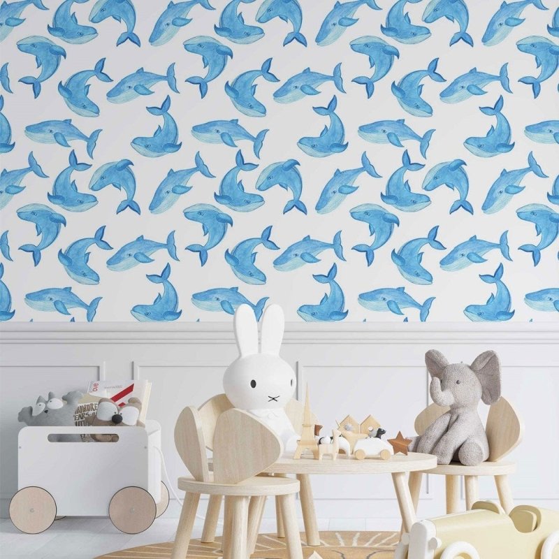 Papel de Parede Adesivo Aquarela Baleias N014206 - Papel na Parede