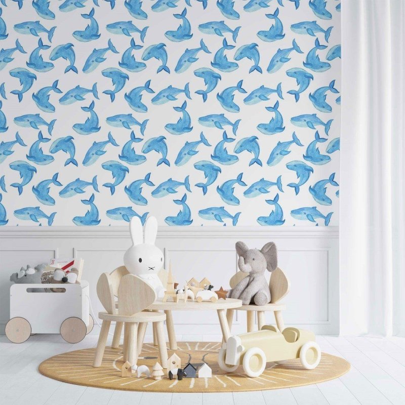 Papel de Parede Adesivo Aquarela Baleias N014206 - Papel na Parede