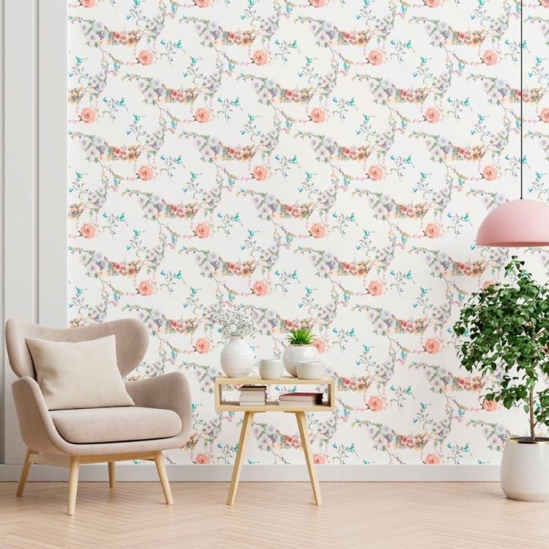 Papel de Parede Adesivo Aquarela Flores e Folhas N012148 - Papel na Parede