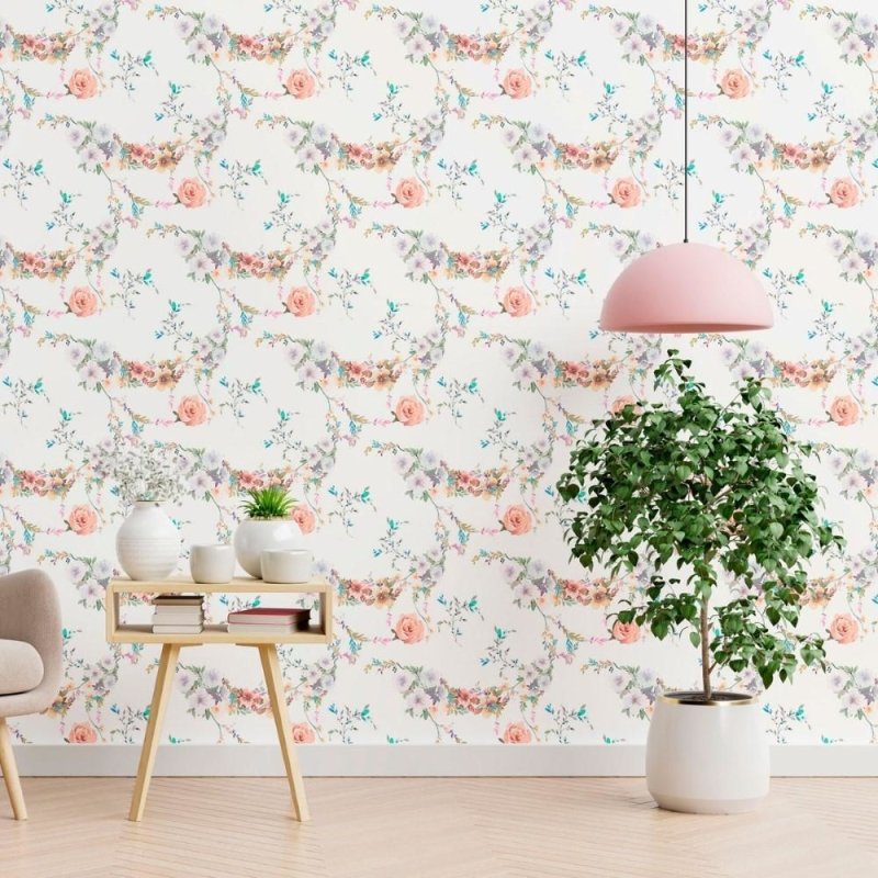 Papel de Parede Adesivo Aquarela Flores e Folhas N012148 - Papel na Parede