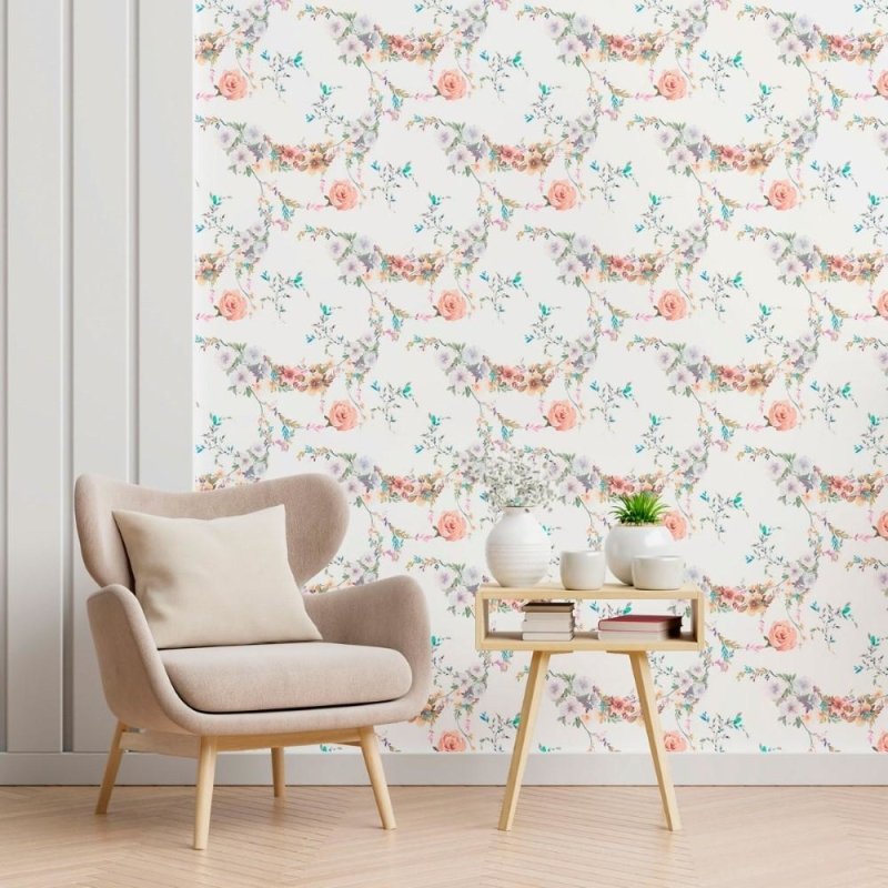 Papel de Parede Adesivo Aquarela Flores e Folhas N012148 - Papel na Parede