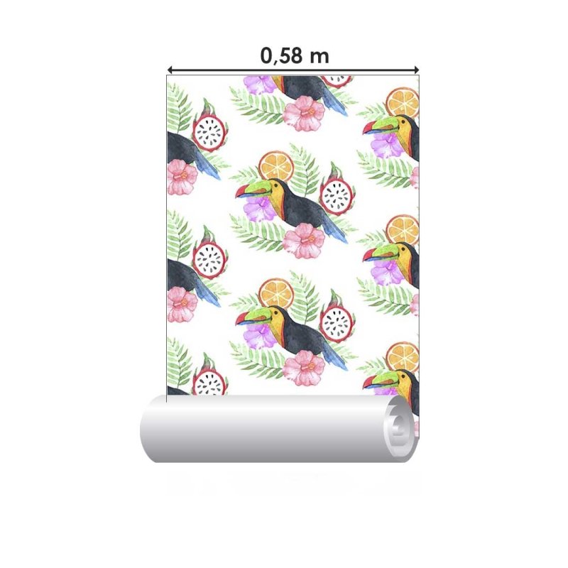 Papel de Parede Adesivo Aquarela Tucano Frutas e Flores N07072 - Papel na Parede