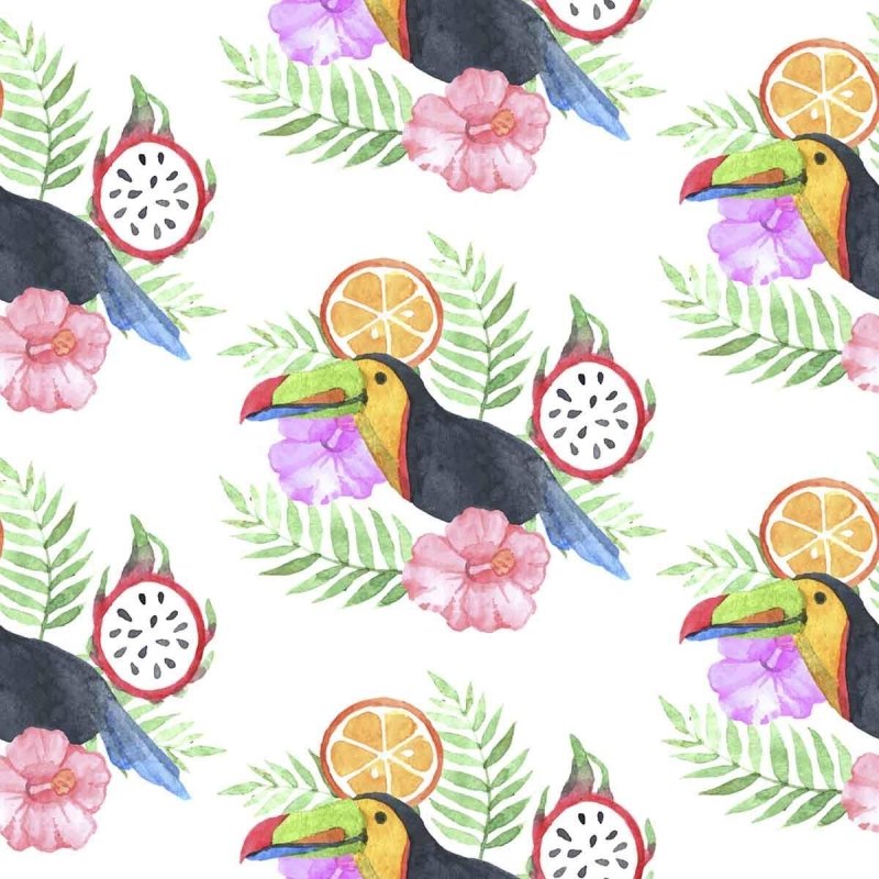 Papel de Parede Adesivo Aquarela Tucano Frutas e Flores N07072 - Papel na Parede