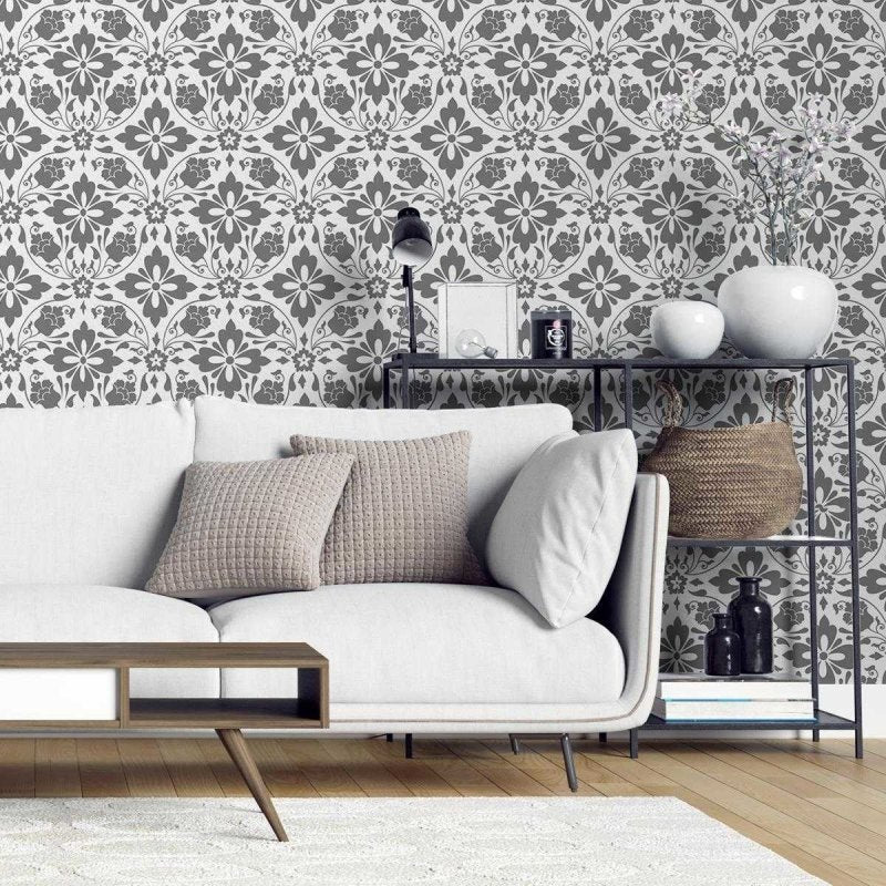 Papel de Parede Adesivo Arabesco Cinza Flores N04152 - Papel na Parede