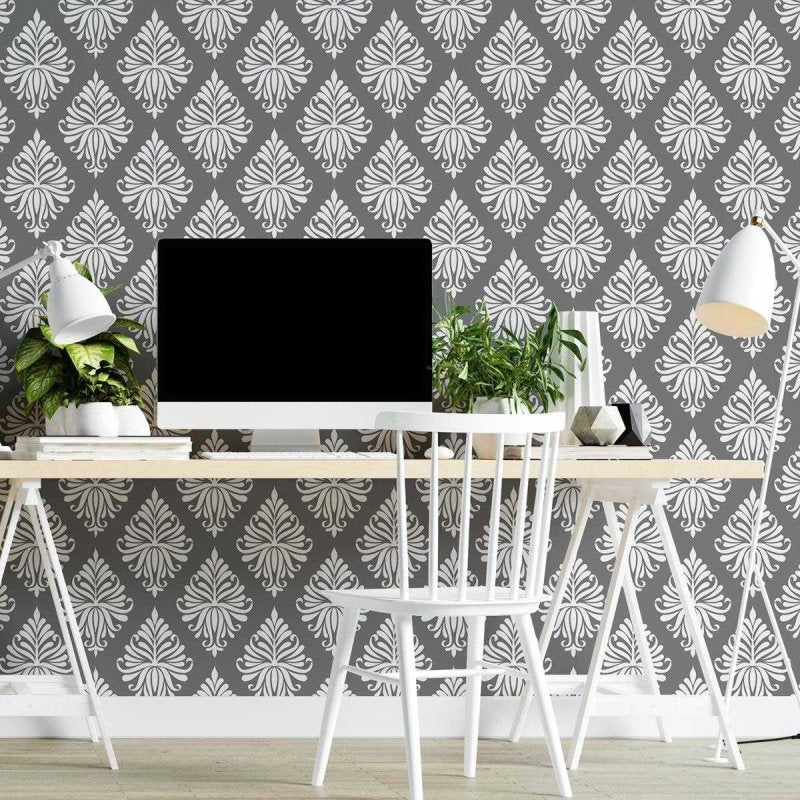 Papel de Parede Adesivo Arabesco Cinza Folhas N04156 - Papel na Parede