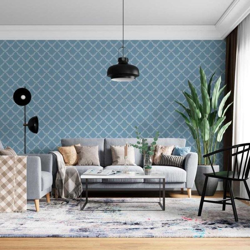 Papel de Parede Adesivo Arabesco em Grade Azul N06244 - Papel na Parede