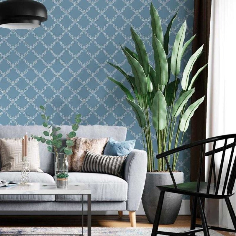 Papel de Parede Adesivo Arabesco em Grade Azul N06244 - Papel na Parede
