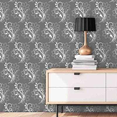 Papel de Parede Adesivo Arabesco Floral Cinza 591713807 - Papel na Parede
