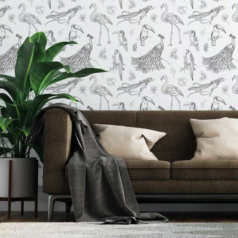 Papel de Parede Adesivo Aves Tropicais em Preto e Branco N07054 - Papel na Parede