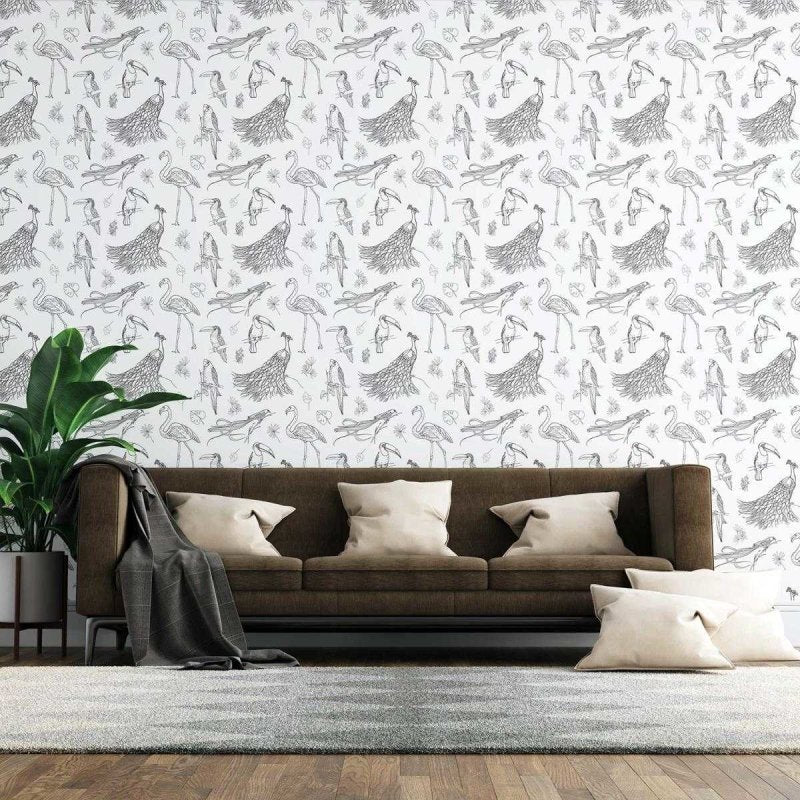 Papel de Parede Adesivo Aves Tropicais em Preto e Branco N07054 - Papel na Parede