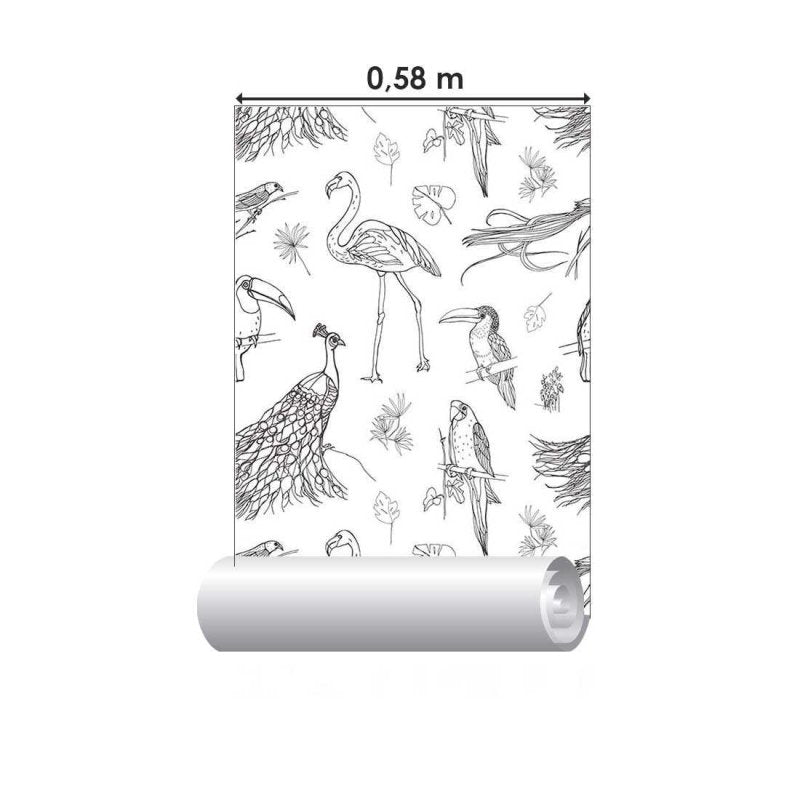 Papel de Parede Adesivo Aves Tropicais em Preto e Branco N07054 - Papel na Parede