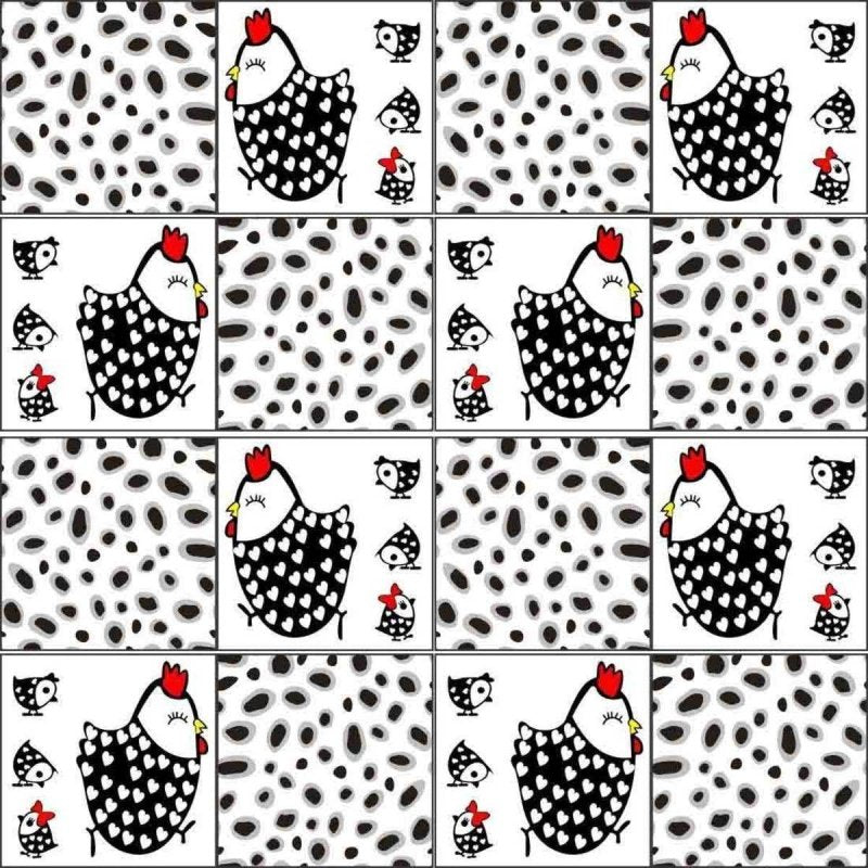 PAPEL DE PAREDE ADESIVO AZULEJO GALINHA PRETO E BRANCO 1045 - Papel na Parede