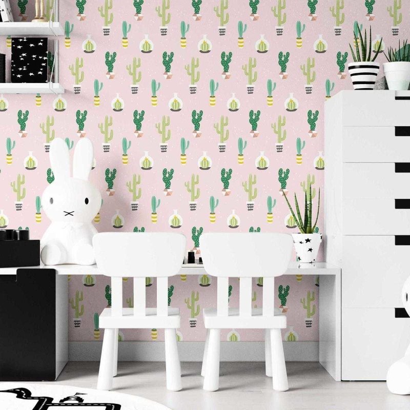 Papel de Parede Adesivo Cactos Minimalistas Rosa N07099 - Papel na Parede