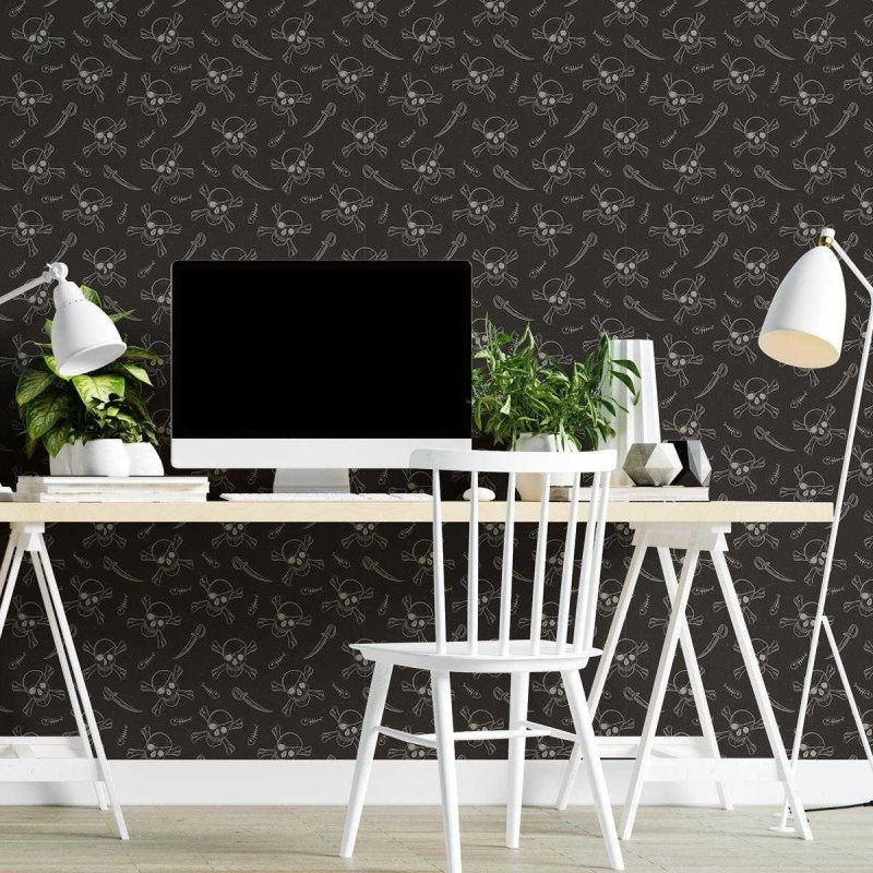 Papel de Parede Adesivo Caveira Pirata Preto N04060 - Papel na Parede
