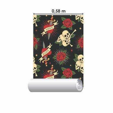 Papel de Parede Adesivo Caveiras e Rosas 121412785 - Papel na Parede
